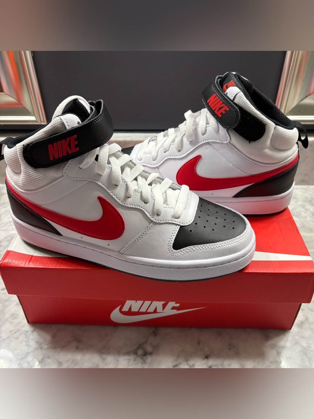 Nike Court Borough Mid 2 Big Boy Shoes Youth 7Y Black Red White Lace Up W/ Strap